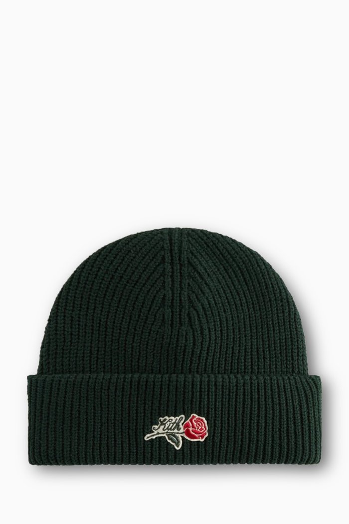 

Script Rose-embroidered Cuffed Beanie in Cotton-knit, Green
