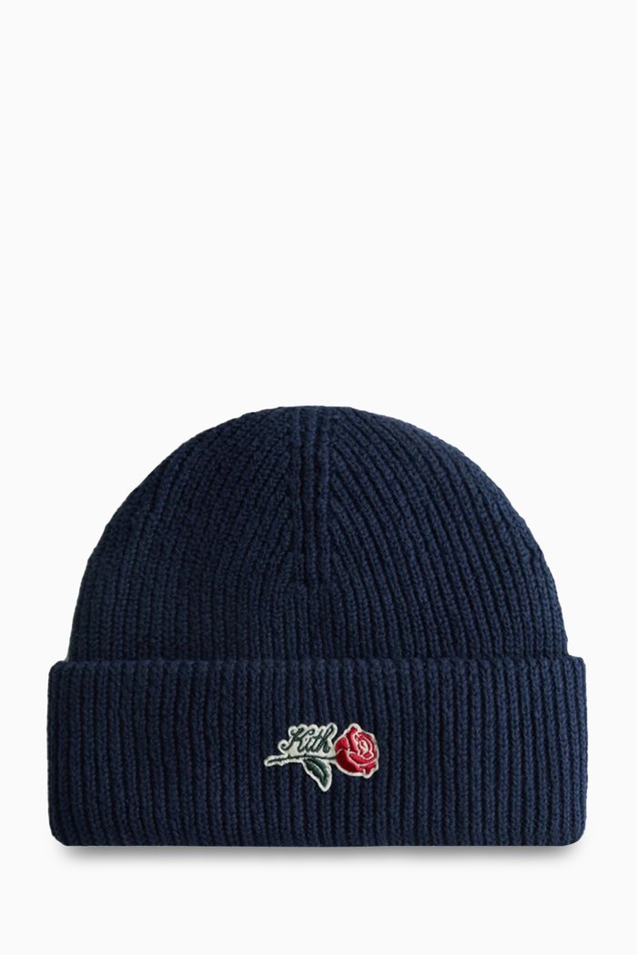 

Script Rose-embroidered Cuffed Beanie in Cotton-knit, Blue