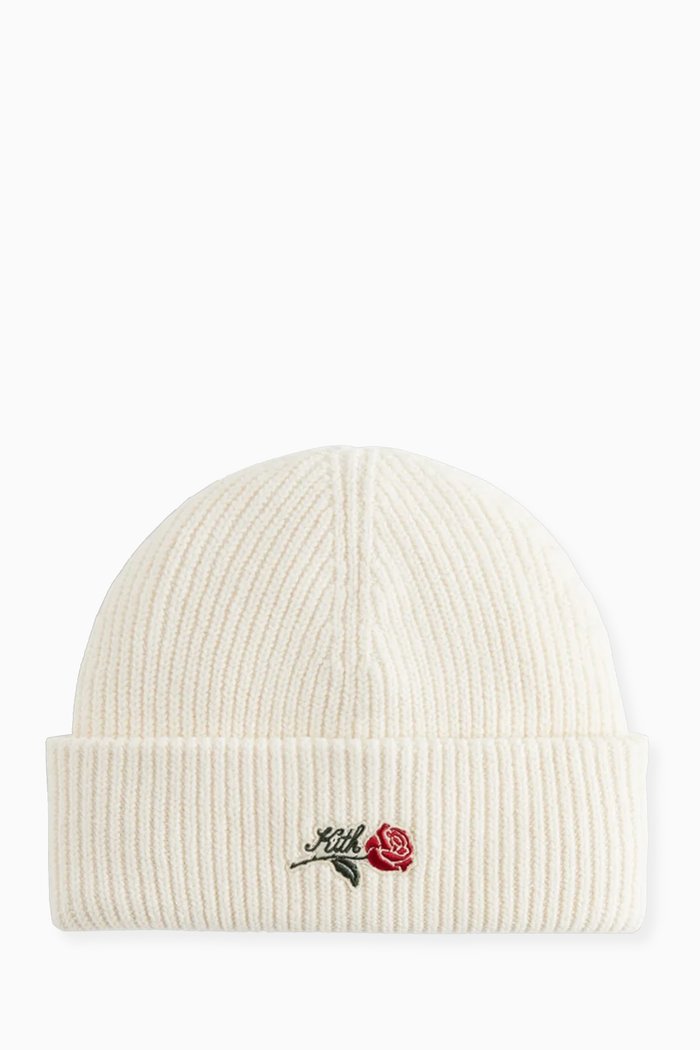 

Script Rose-embroidered Cuffed Beanie in Cotton-knit, Neutral