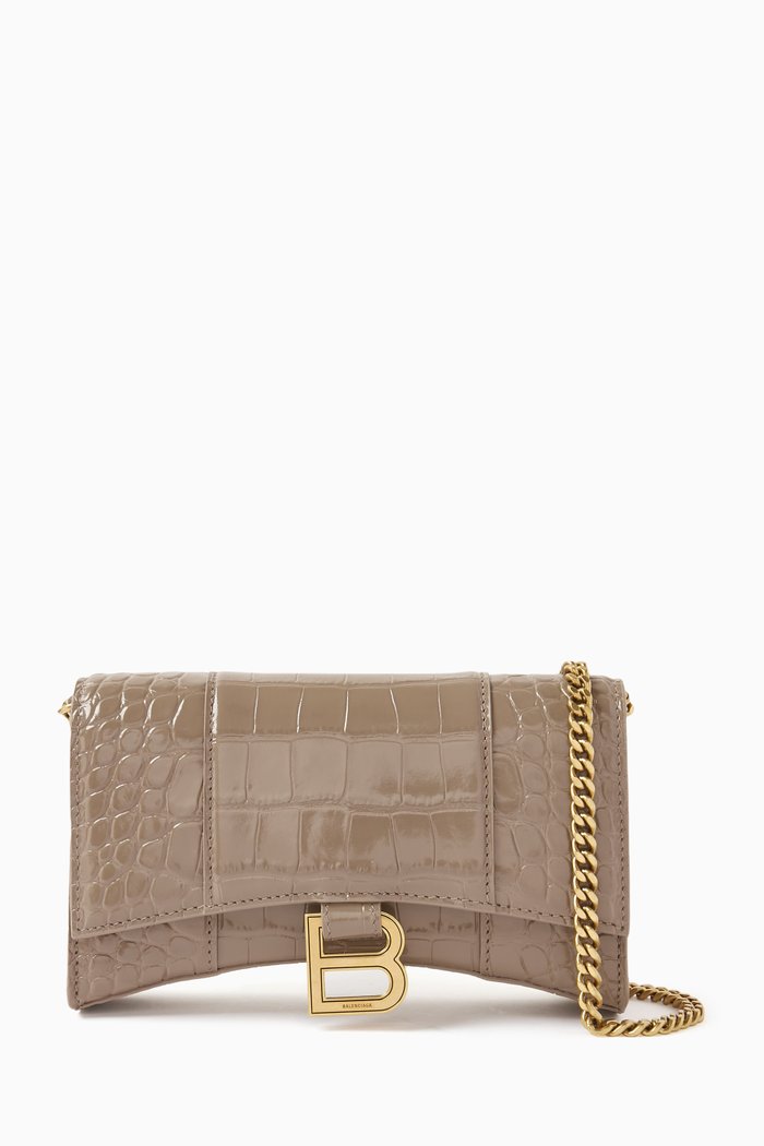 

Hourglass Wallet on Chain in Croc-embossed Calfskin, Grey