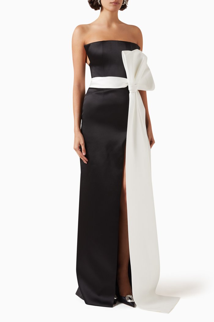 

Asymmetrical Bow Maxi Dress in Satin, Multicolour