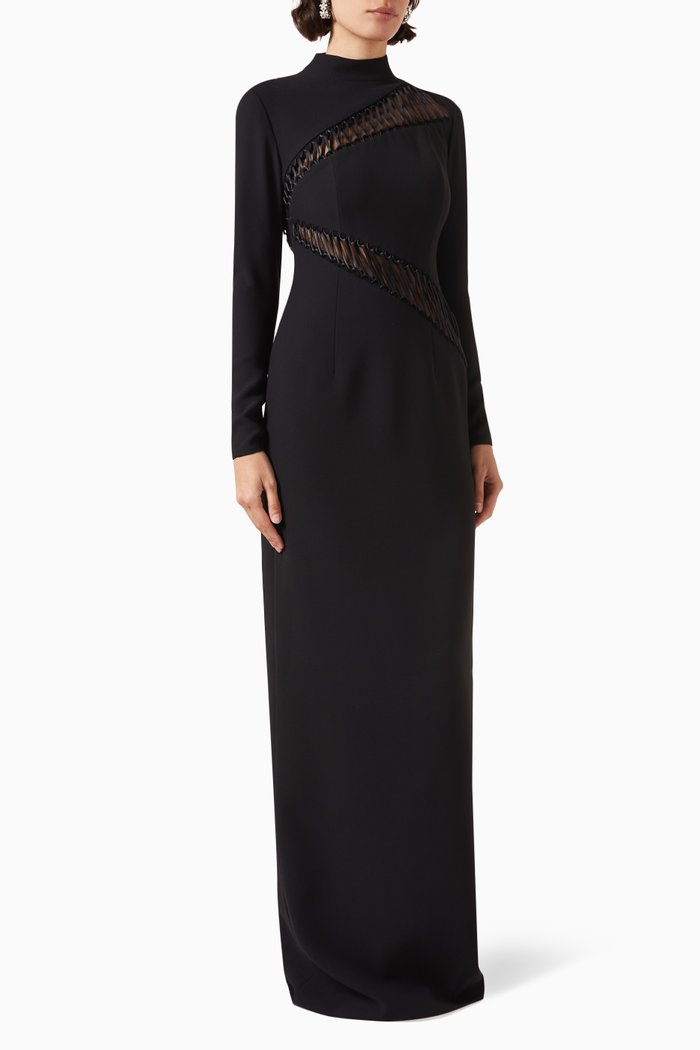 

Asymmetrical Lace High-neck Maxi Dress in Crepe, Black