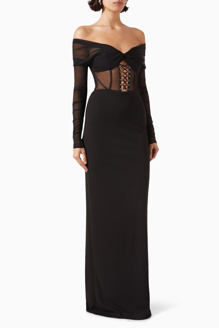 Lace-up Corset Off-shoulder Maxi Dress in Stretch-crepe, Black