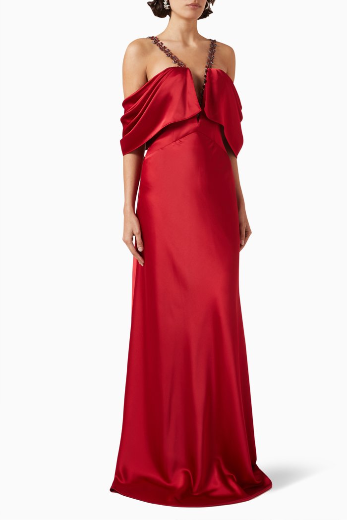 

Crystal-trim Draped-sleeves Maxi Dress in Satin, Red