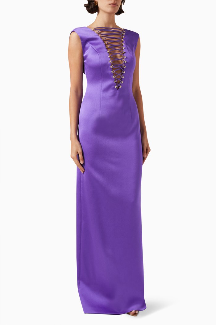 

V-neck Lace-up Maxi Dress in Crepe, Purple
