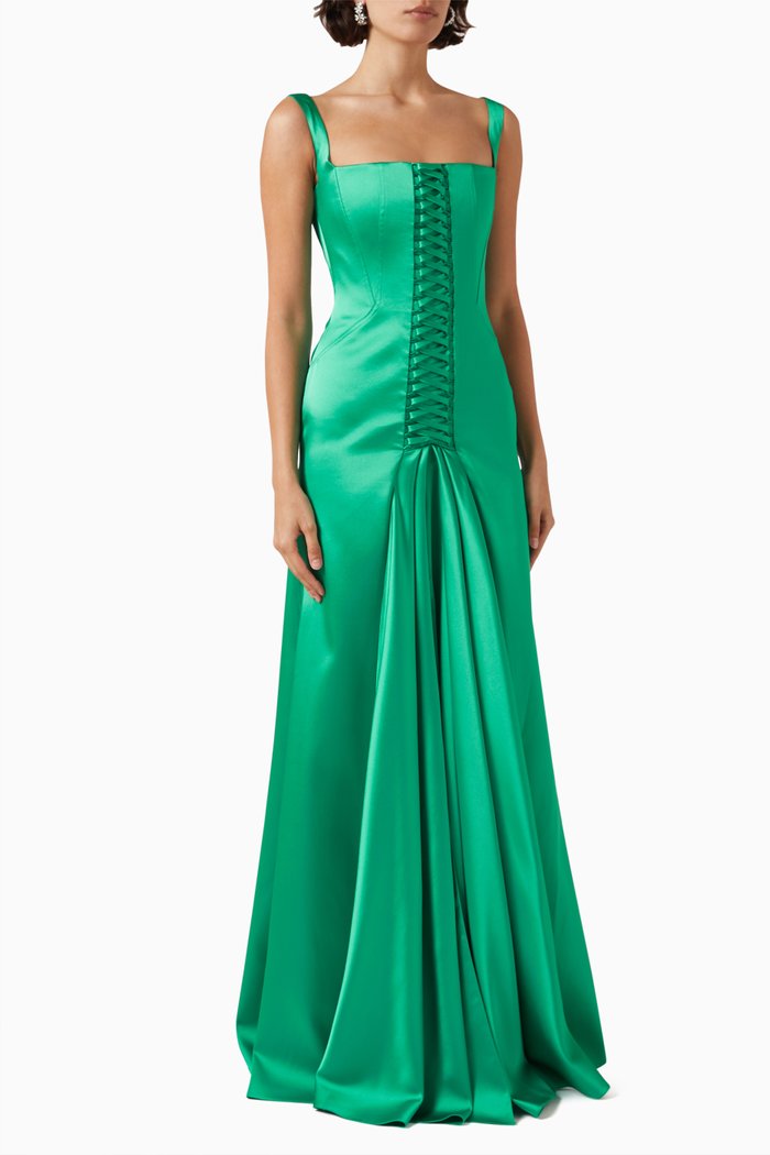 

Corset Lace-up Maxi Dress in Satin, Green