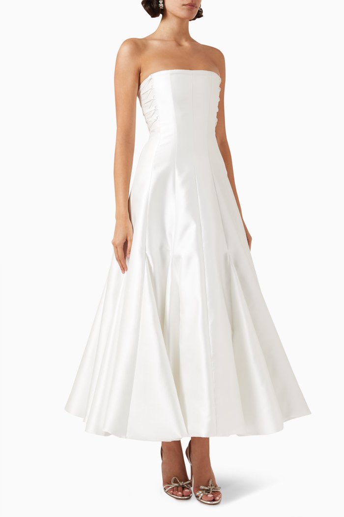 

Lace-up Strapless Flared Maxi Dress in Mikado-crepe, Neutral