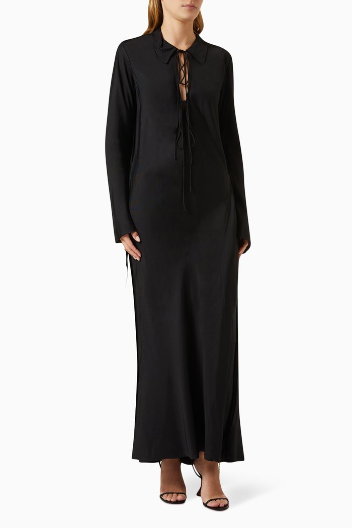 Emery Tie-up Maxi Dress in Satin, Black