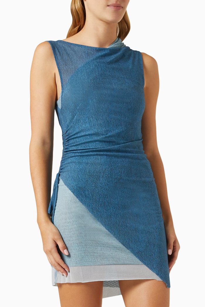 

Hayden Asymmetrical Mini Dress in Mesh, Blue