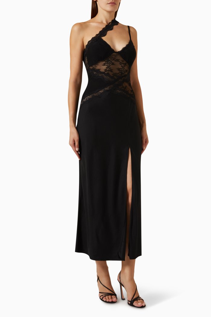

Ria Asymmetrical Lace Maxi Dress in Stretch-nylon, Black
