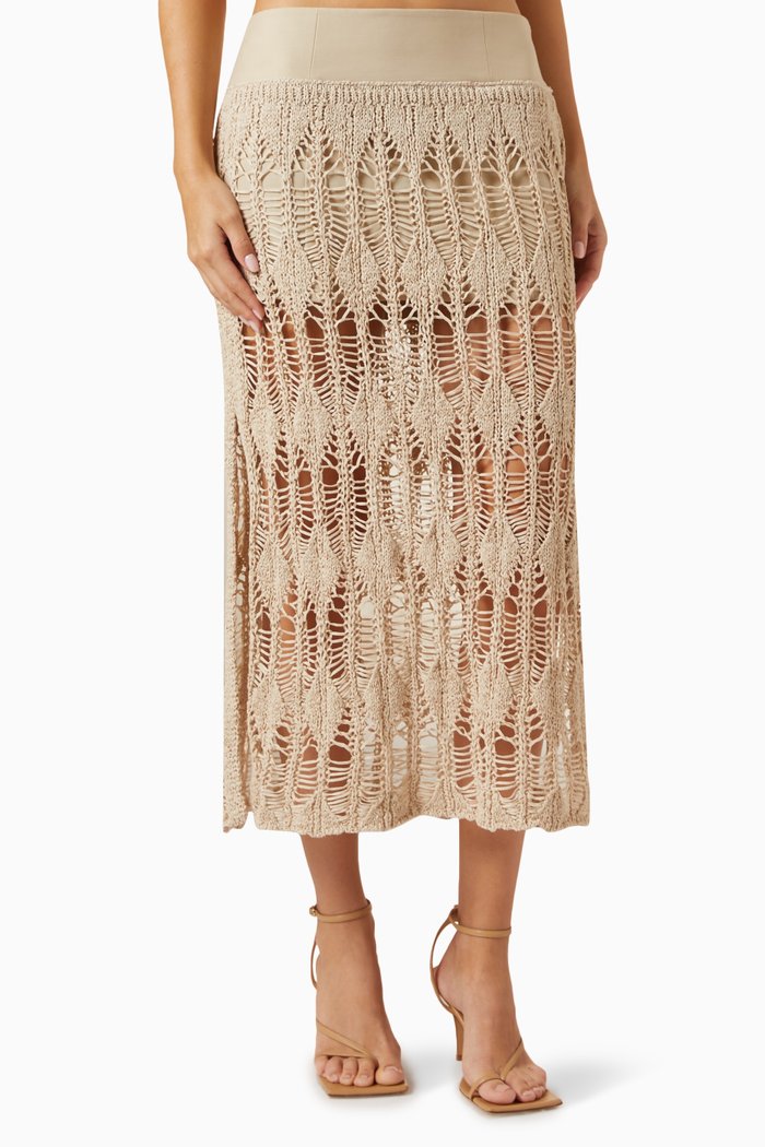 

Lyra Slit Midi Skirt in Crochet-knit, Neutral