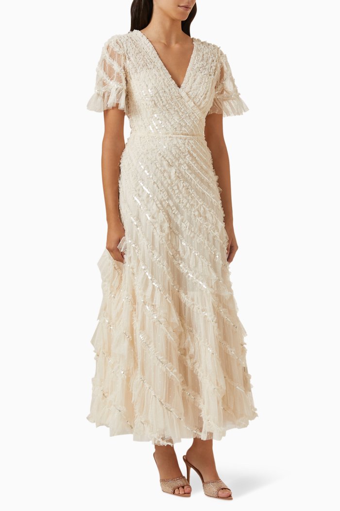 

Spiral Sequin V-neck Ankle Gown in Tulle, Neutral