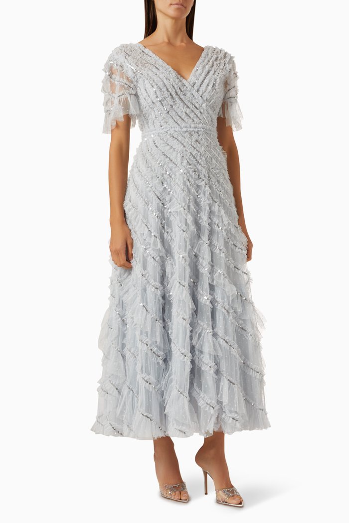 Spiral Sequin V-neck Ankle Gown in Tulle, Blue