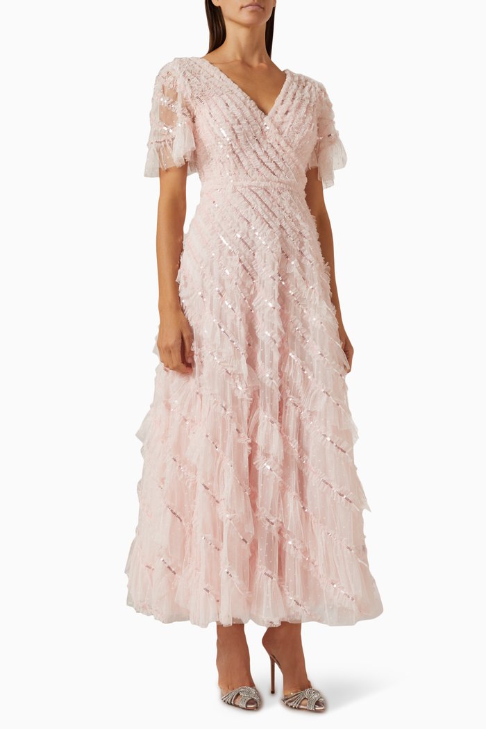 

Spiral Sequin V-neck Ankle Gown in Tulle, Pink