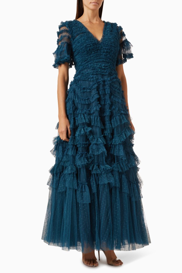 

Phoenix V-neck Maxi Dress in Tulle, Blue
