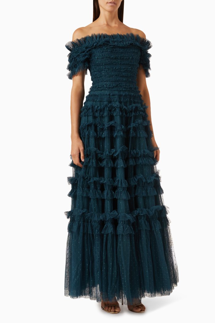 

Lisette Ruffle Off-shoulder Maxi Dress in Tulle, Green