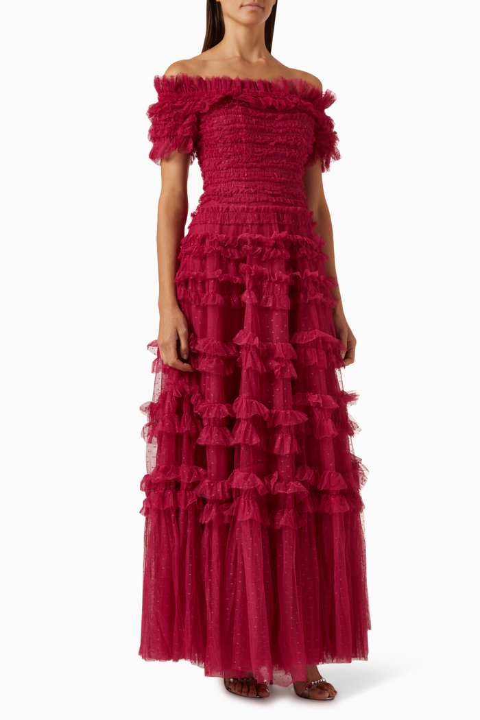 

Lisette Ruffle Off-shoulder Maxi Dress in Tulle, Pink
