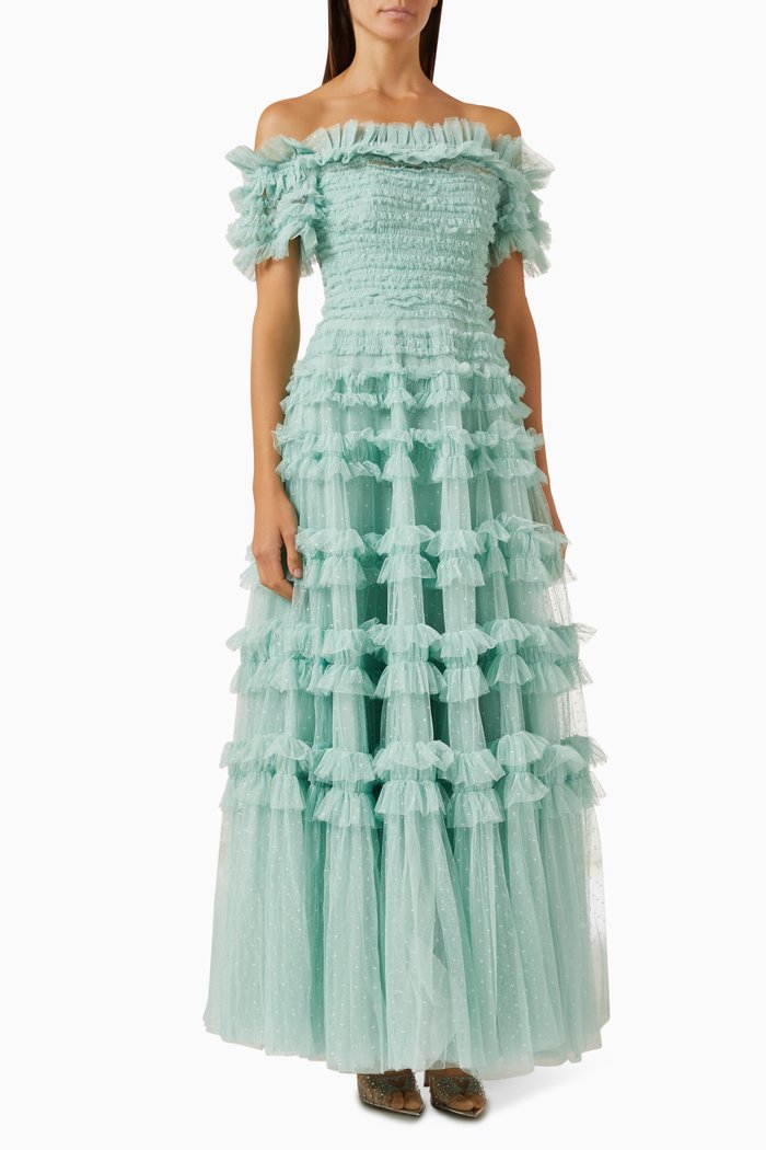 

Lisette Ruffle Off-shoulder Maxi Dress in Tulle, Blue