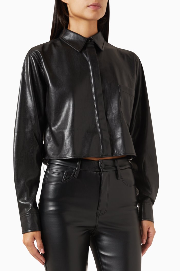 

Cropped Shirt in Faux Leather, Black