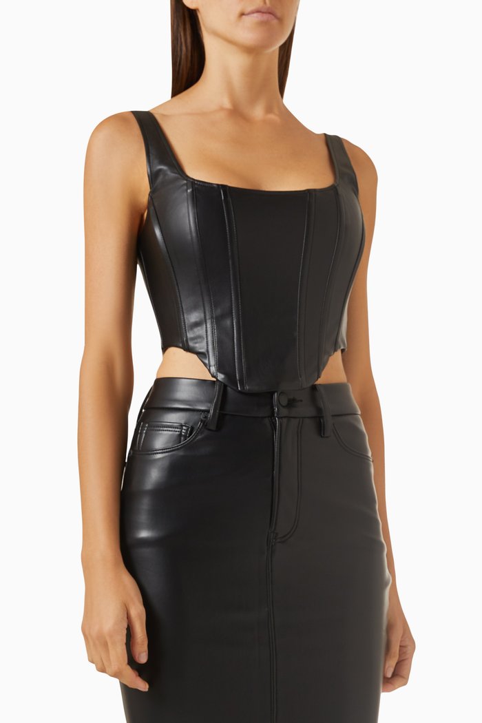 Corset Crop Top in Faux Leather, Black