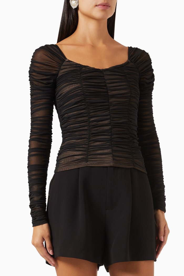 

Ruched Long-sleeves Top in Mesh, Black