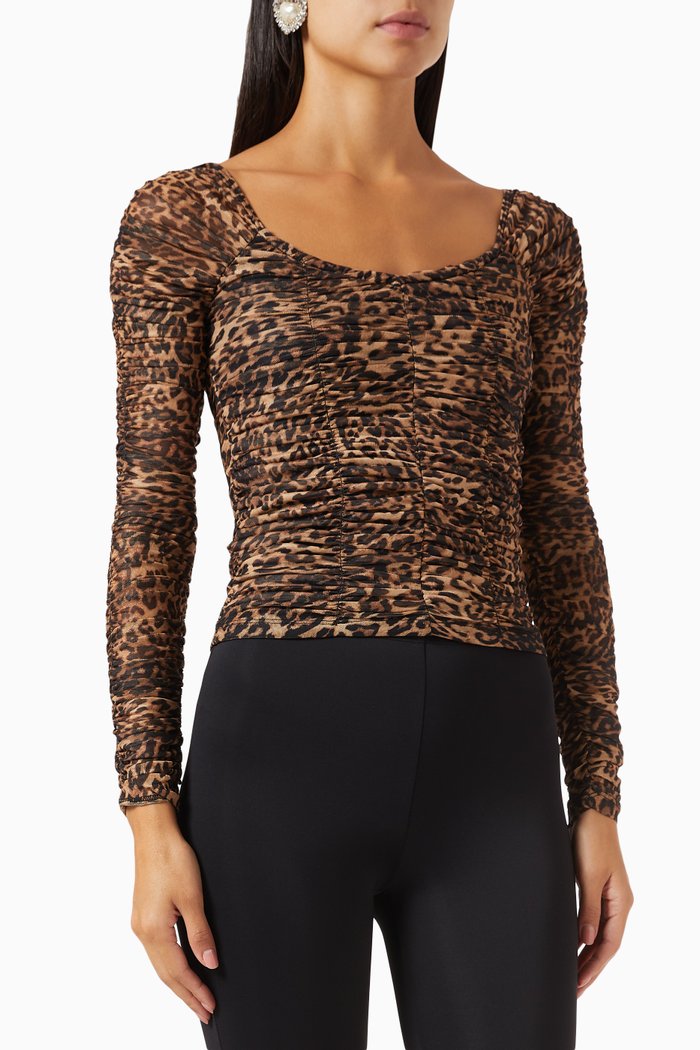 

Ruched Long-sleeves Top in Mesh, Brown