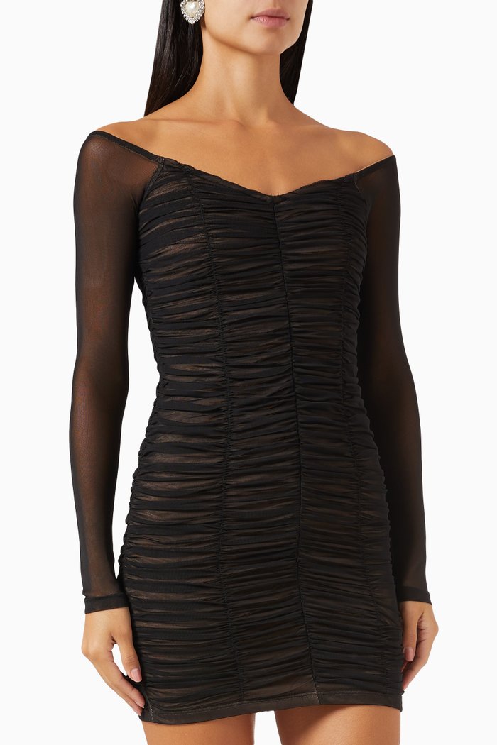 

Ruched Off-shoulder Mini Dress in Mesh, Black