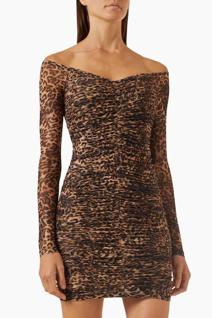 

Ruched Off-shoulder Mini Dress in Mesh, Brown