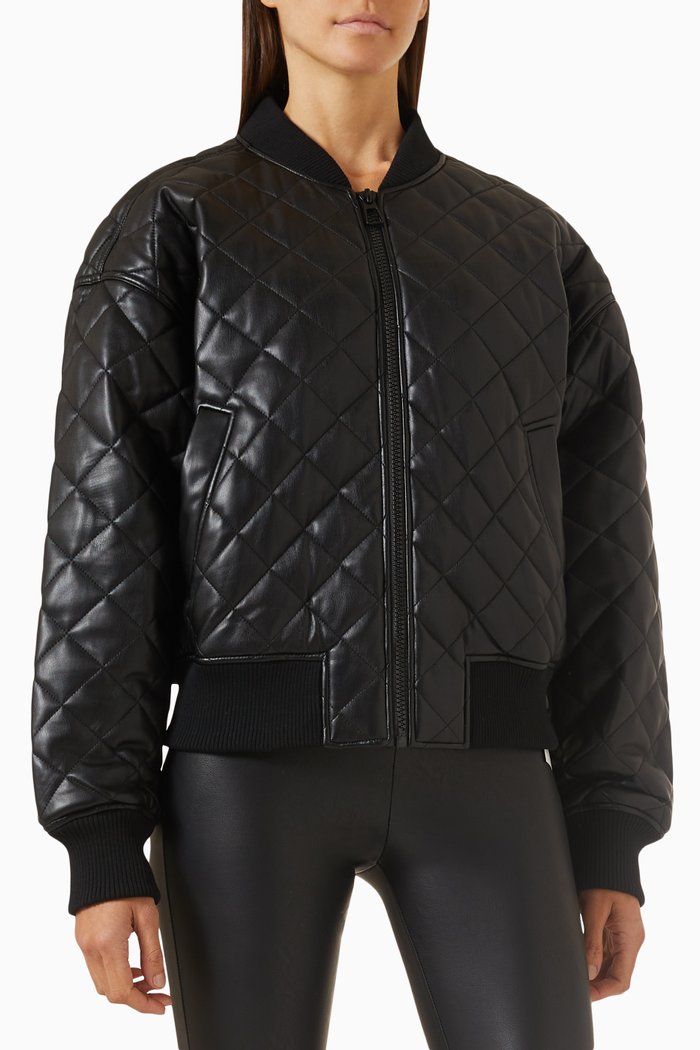 

Quilted Bomber Jacket in Faux Leather, Black