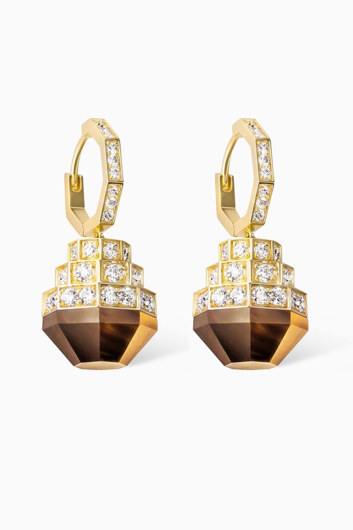 

Azm Turath Tiger Eye & Diamond Earrings in 18kt Gold, Yellow