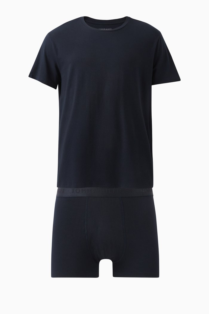 Logo T-shirt & Trunks Gift Set in Stretch Cotton-blend, Blue
