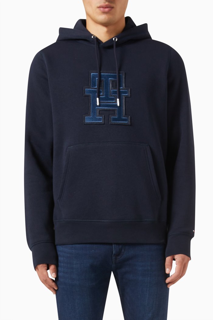 

TH Monogram Appliqué Hoodie in Cotton-fleece, Blue