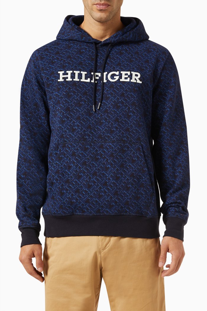 

Logo-embroidered Printed Hoodie in Cotton-jersey, Blue