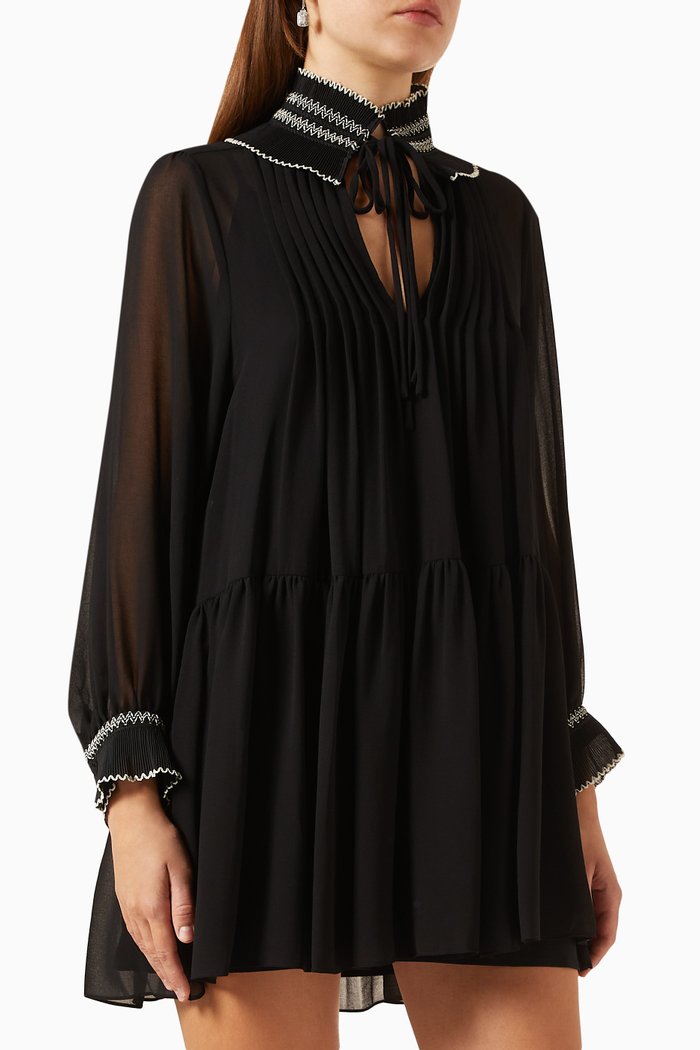 

Billowy Embroidered-collar Mini Dress in Chiffon, Black