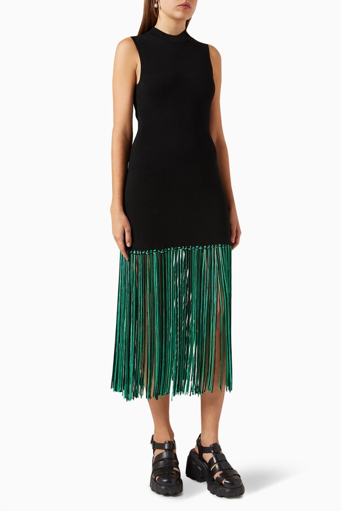 

Fringed Midi Dress in Knit, Black