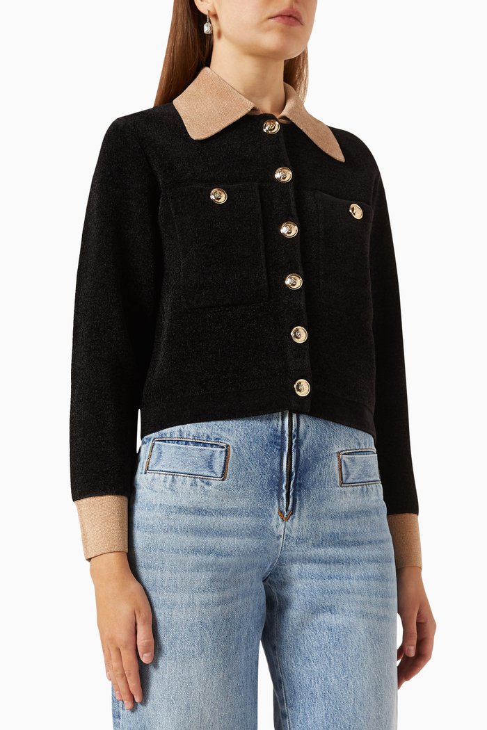

Cropped Coatigan in Velour Knit, Black