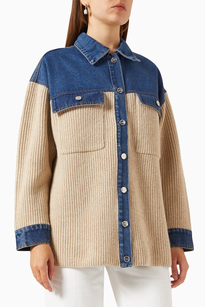 

Coatigan Overshirt in Denim & Ribbed Knit, Neutral