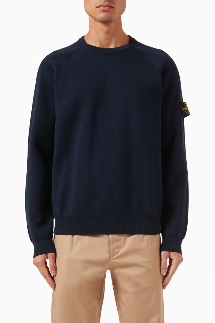 

Crewneck Sweater in Cotton-blend Knit, Blue