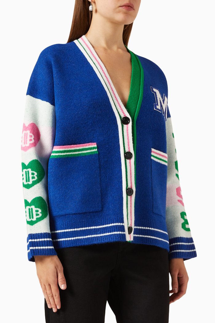

Micollege Logo-patch Cardigan in Wool-blend Knit, Blue