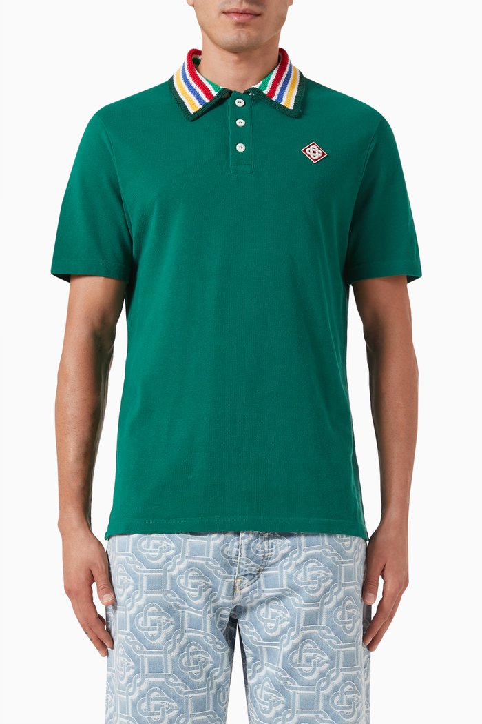 

Striped Knit Collar Polo Shirt in Organic Cotton, Green