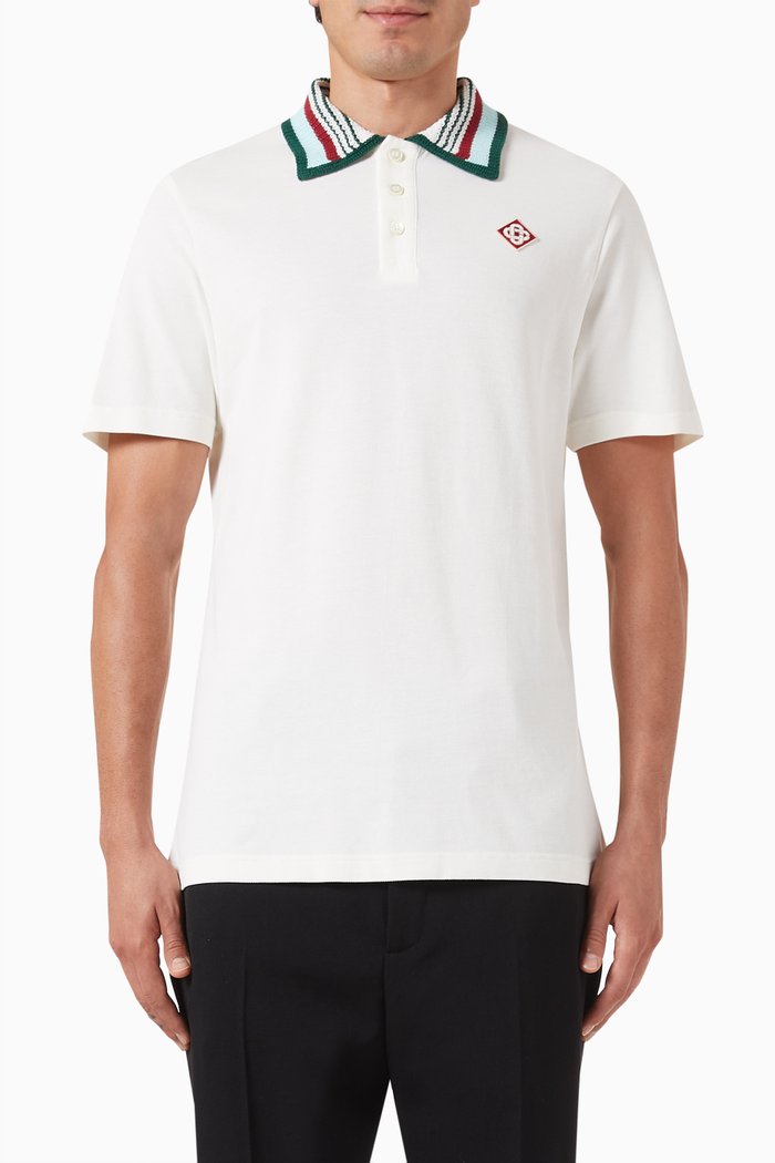 

Striped Knit Collar Polo Shirt in Organic Cotton, Neutral