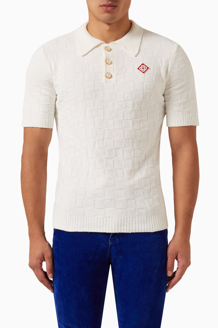

Checked Yoke Polo Shirt in Boucle Cotton, White