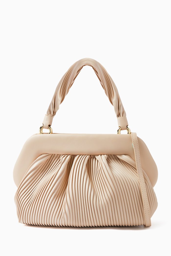 Medium Bios Top-handle Clutch Bag in Plisse Vegan Fabric, Neutral