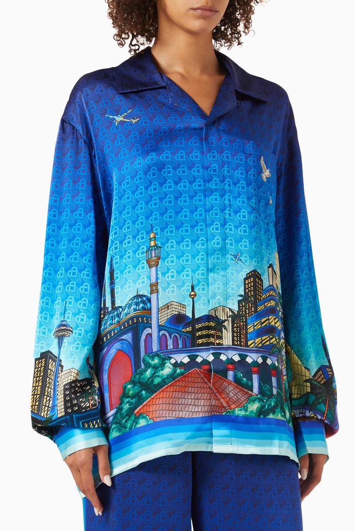 

Cuban Collar Shirt in Silk, Blue