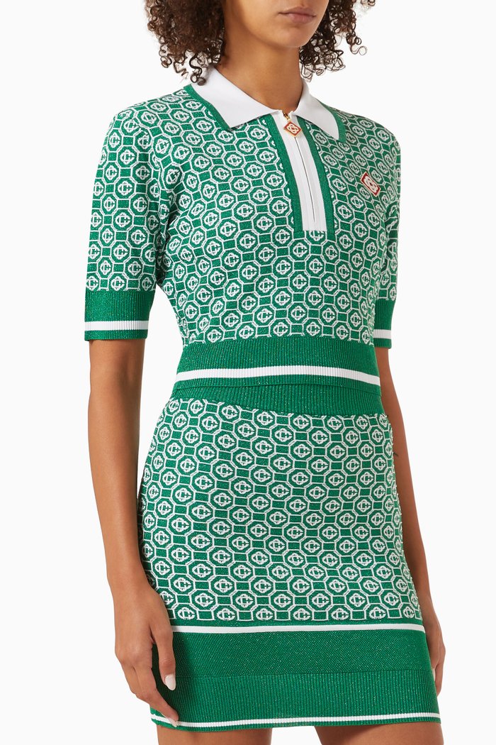 

Monogram Crop Polo Top in Lurex Jacquard-knit, Green