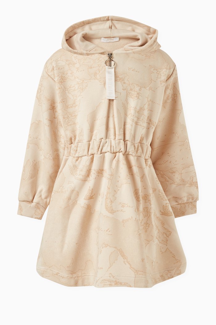 

Geo Map-print Hooded Dress in Cotton, Neutral