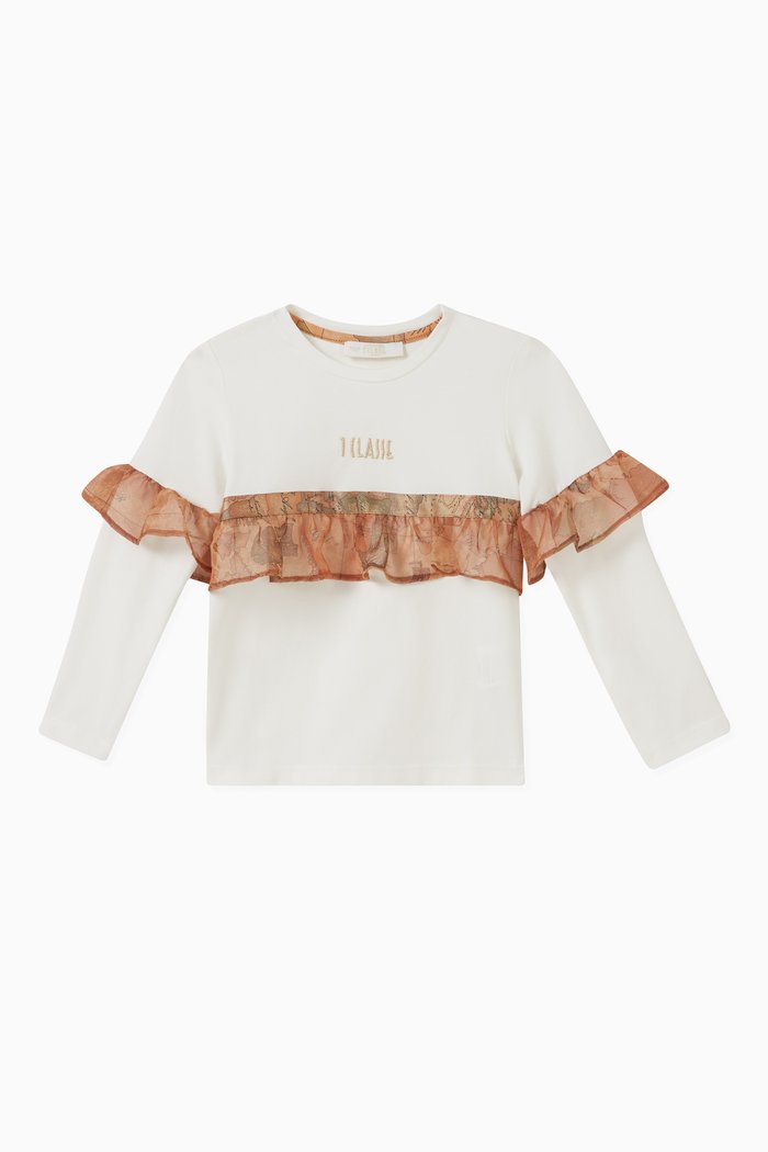 Ruffled Geo Logo T-shirt in Cotton, Neutral