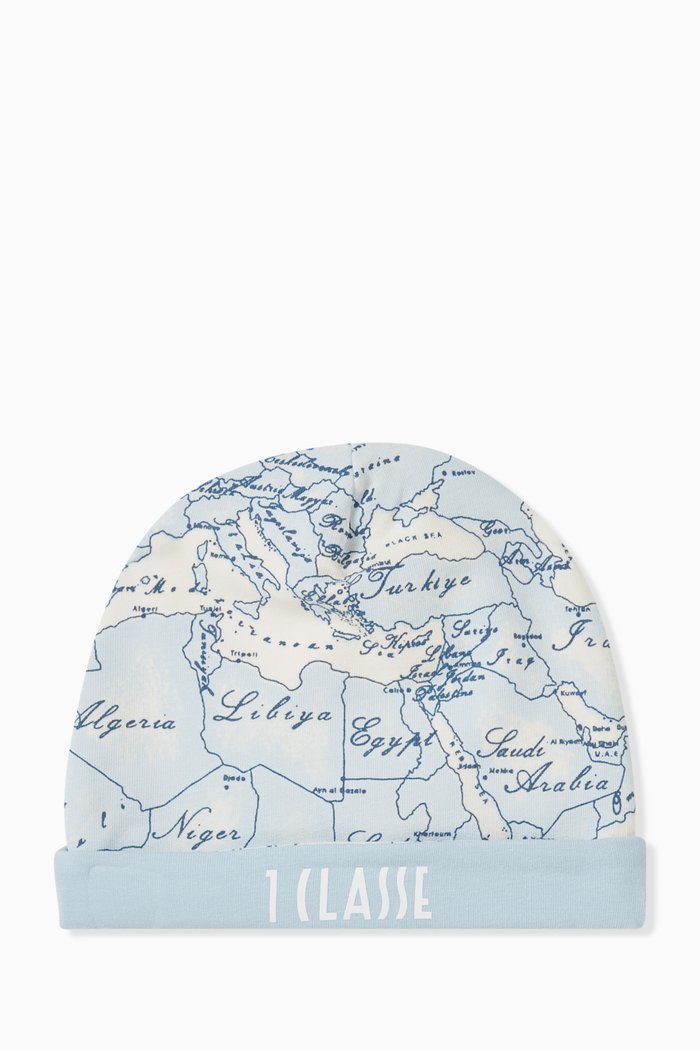 Geo Map Print Logo Beanie Hat in Cotton, Blue