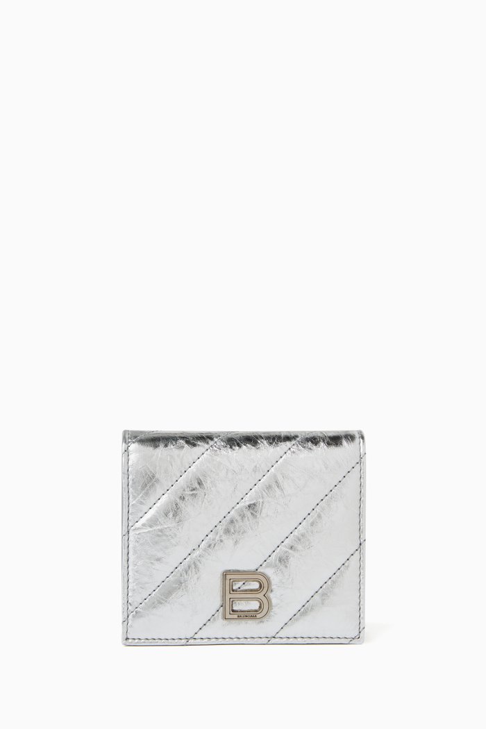 

Crush Flap Coin & Card Holder in Metallic Quilted Leather, Silver
