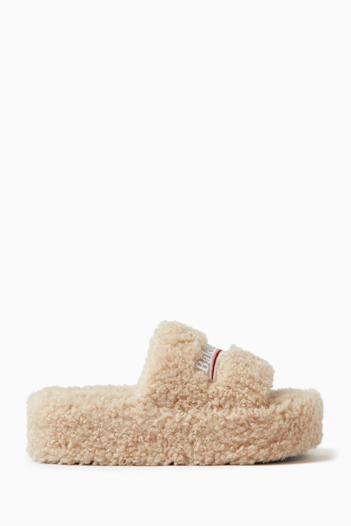 

Furry Platform Sandals in Faux Shearling, Neutral